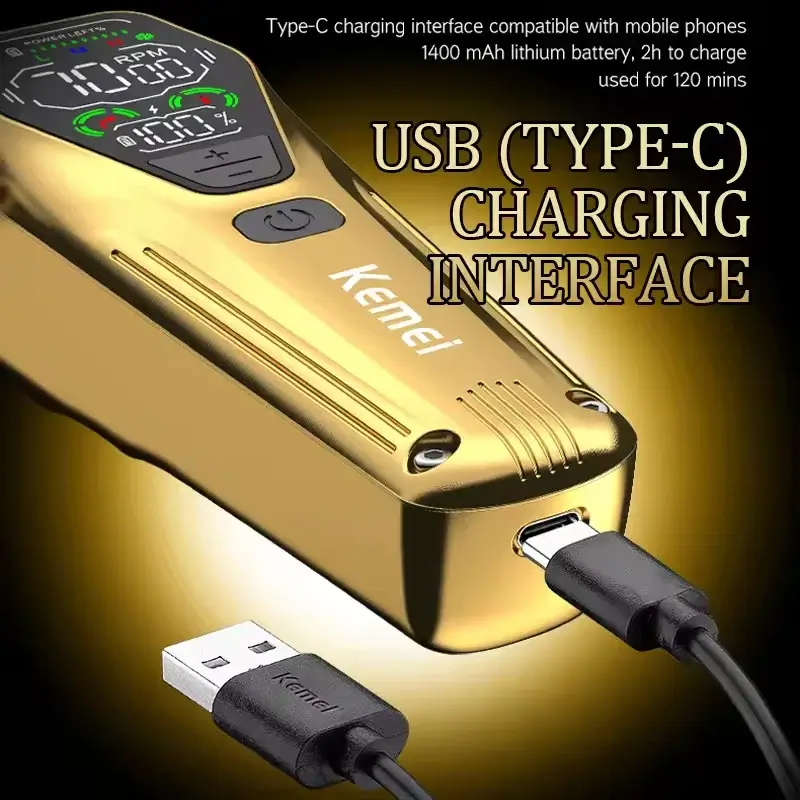 Kemei KM-1697 – Tondeuse Vintage LCD 1400 mAh, 3 Vitesses - 9W - afficheur lcd gold