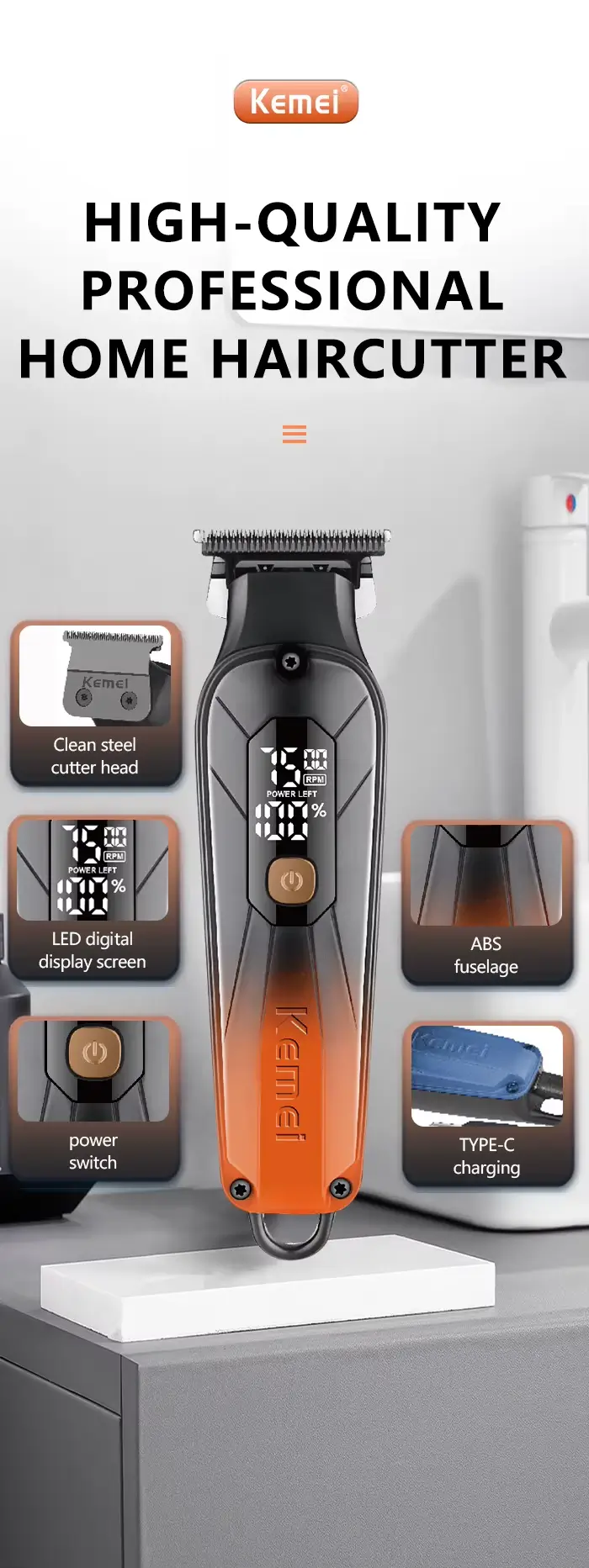 Kemei KM-1741 – Tondeuse sans fil professionnelle 5W – batterie 1200 mAh