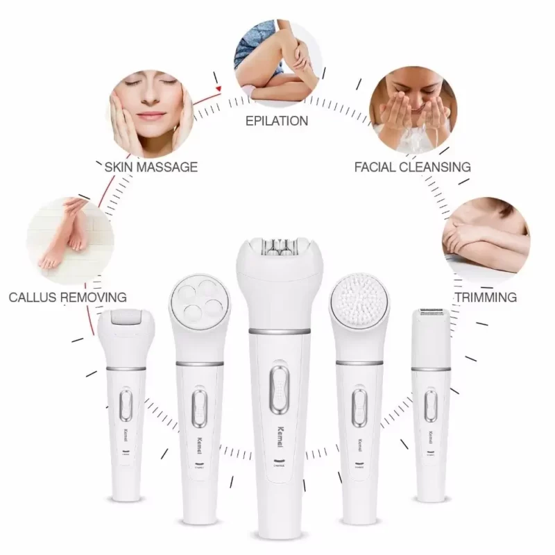 Kemei KM-2198 – Épilateur / rasoir / tondeuse 5-en-1 rechargeable