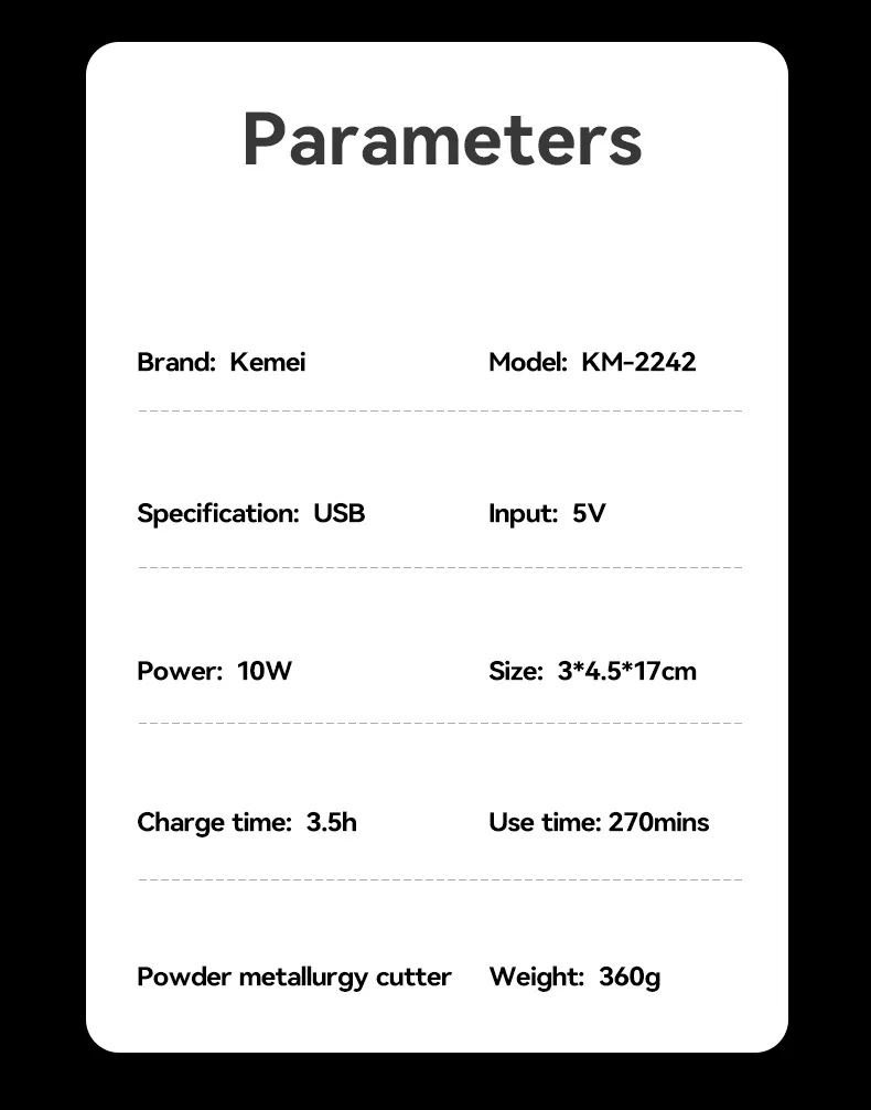 Kemei KM-2242 – Tondeuse professionnelle sans fil 9000 RPM – batterie 4500 mAh
