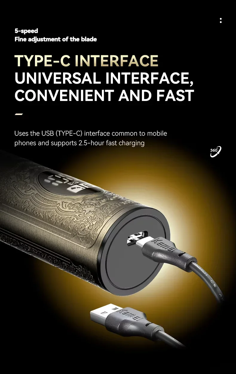 Kemei KM-2243 tondeuse à cheveux sans fil avec afficheur lcd - gold - doré - type c - 5W - 7500rpm