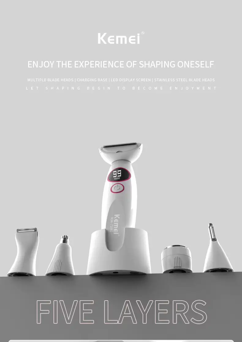 Kemei KM-7101 – Épilateur / rasoir 5-en-1 rechargeable pour corps