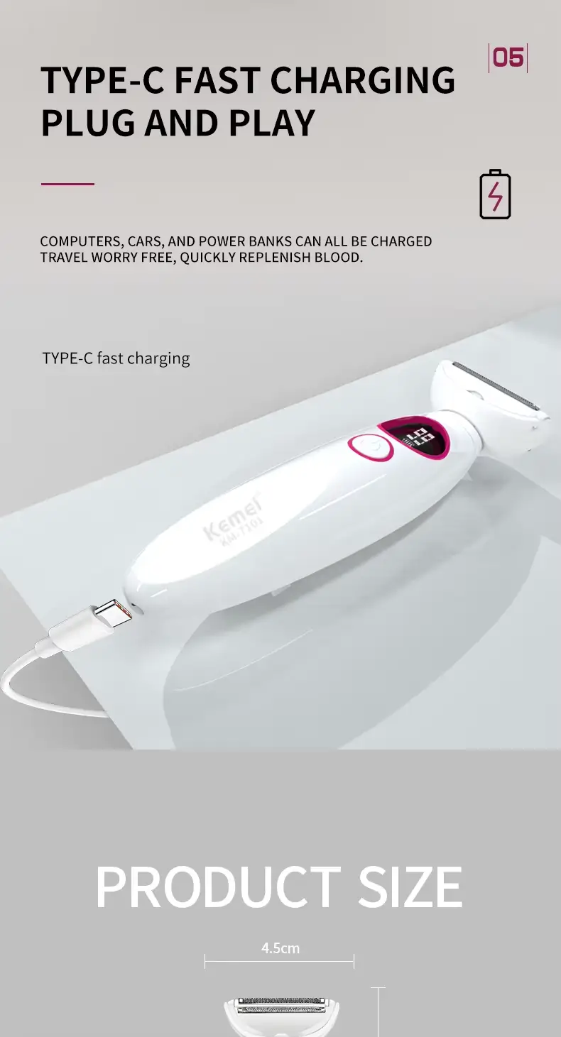 Kemei KM-7101 – Épilateur / rasoir 5-en-1 rechargeable pour corps