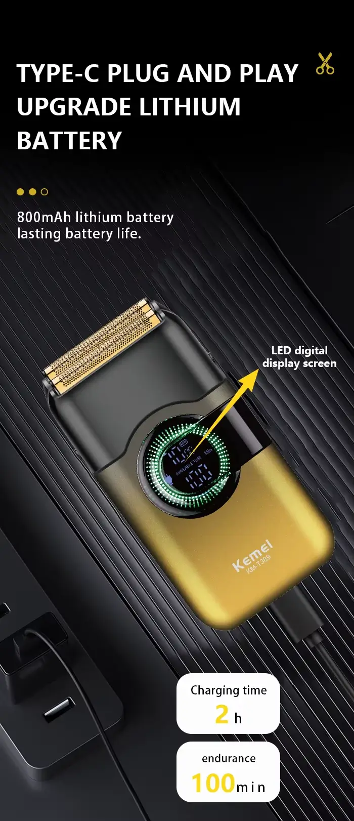 Kemei KM-T389 – Rasoir électrique étanche IPX5 à double lames rotatives