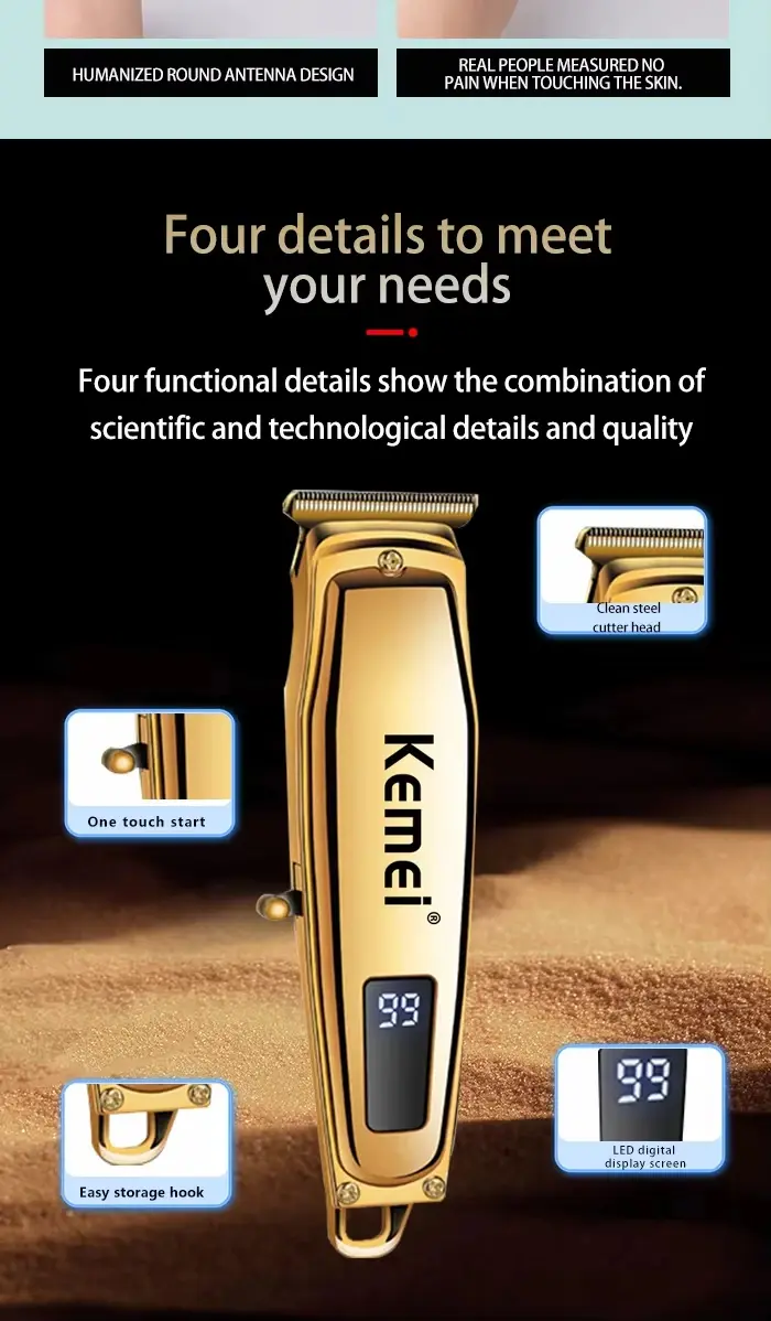 Kemei KM-1313 – Mini tondeuse à cheveux rechargeable avec écran LCD – gold – doré