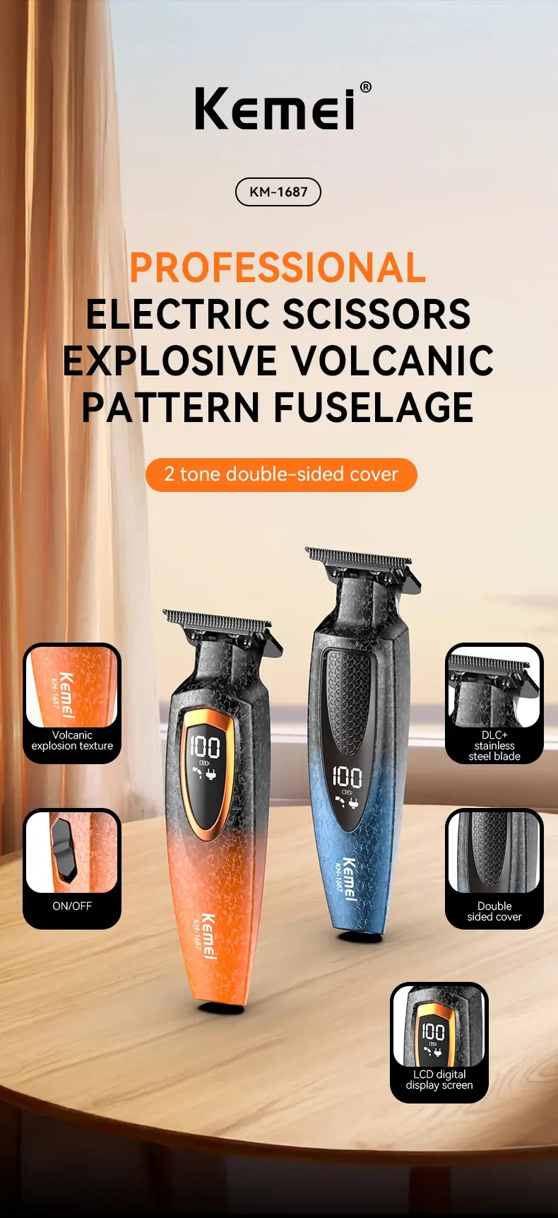 Kemei KM-1687 – Tondeuse cheveux électrique rechargeable corps métallique