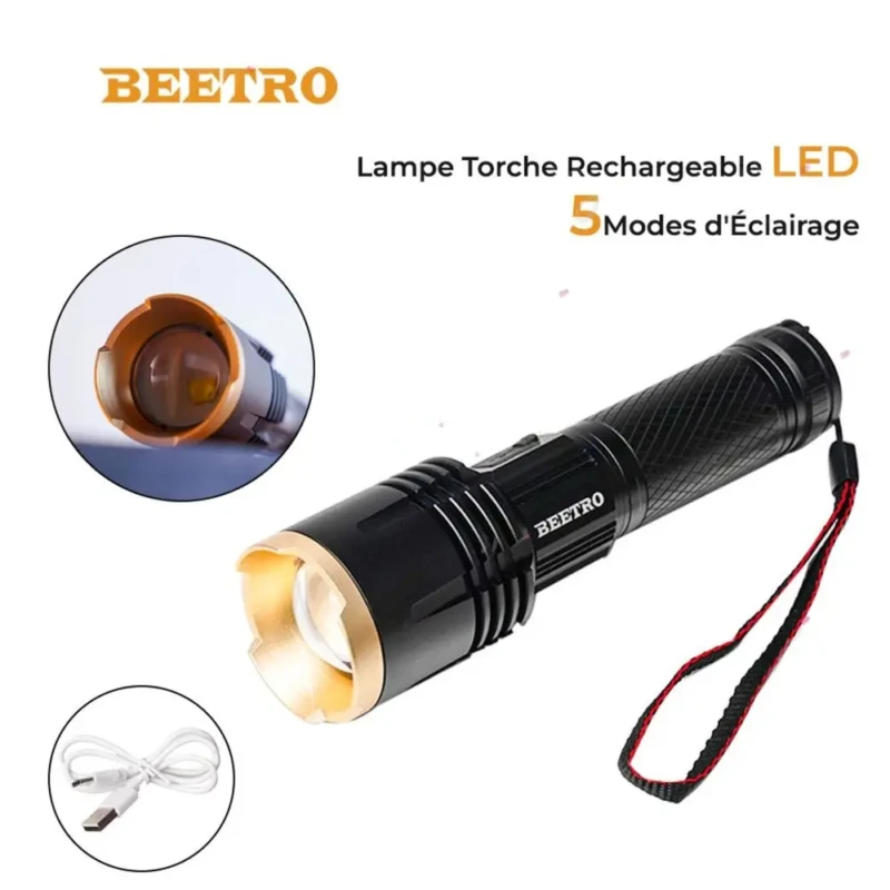 Beetro LA281 Torche LED Rechargeable USB Cinq Modes Éclairage