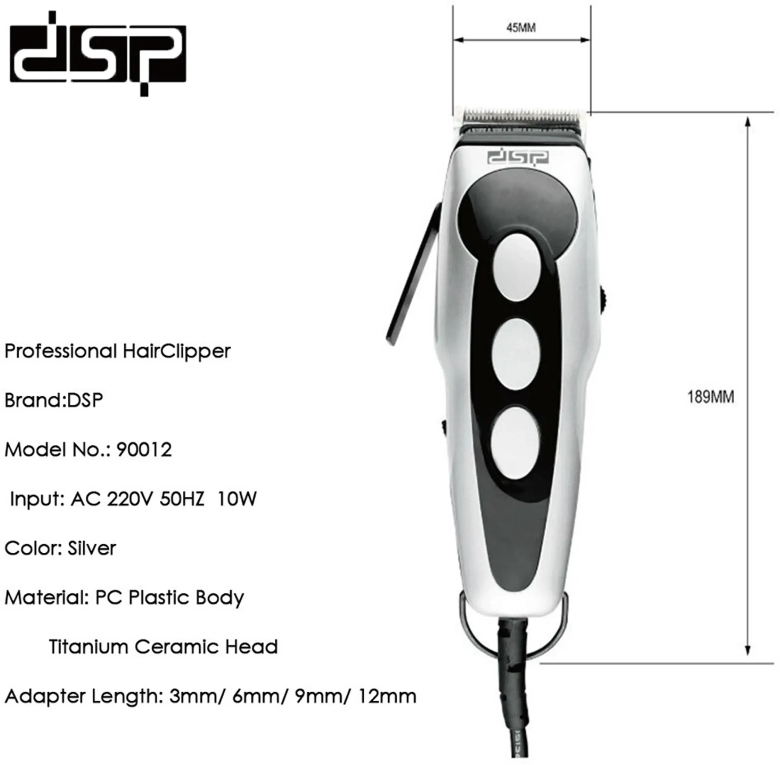 DSP E-90012 tondeuse électrique filaire10 W pour cheveux et barbe
