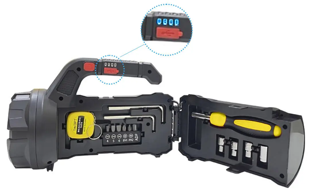 HM-7729G – Lampe torche multifonction avec boîte à outils rechargeable torche multifonction