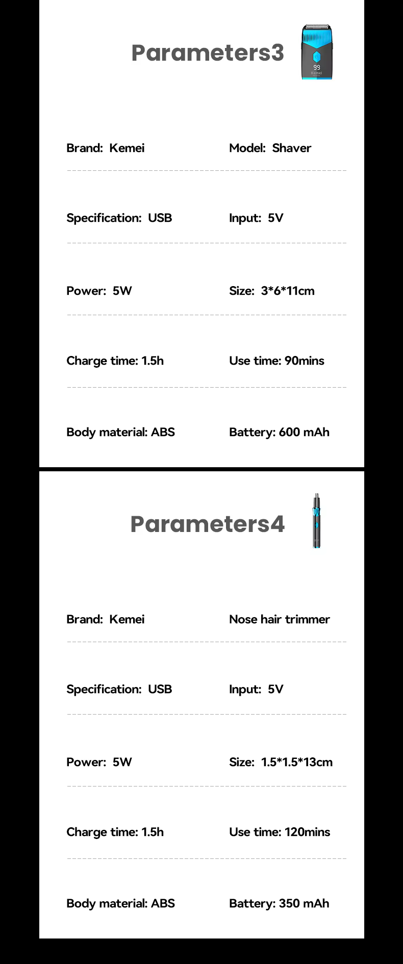 Kemei KM-8534 – Kit tondeuse multifonction 4 en 1 sans fil rechargeable 8W batterie 2000 mAh Tondeuse multifonction Tondeuse professionnelle