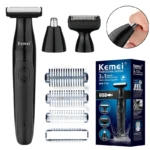 Kemei KM‑114 – Tondeuse Électrique Rechargeable 3‑en‑1 USB, Étanche IPX5, Lames Acier