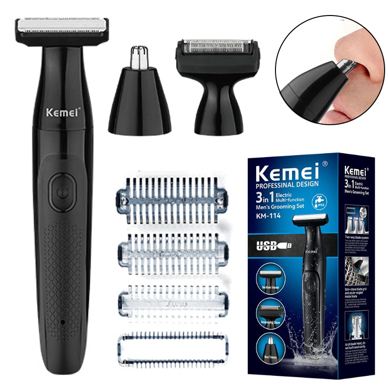 Kemei KM‑114 – Tondeuse Électrique Rechargeable 3‑en‑1 USB, Étanche IPX5, Lames Acier