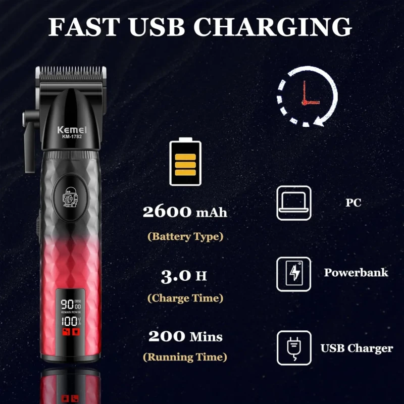 KEMEI KM-1782 Tondeuse Cheveux et Barbe 9000RPM Batterie 2600 mAh tondeuse avec levier Tondeuse professionnelle