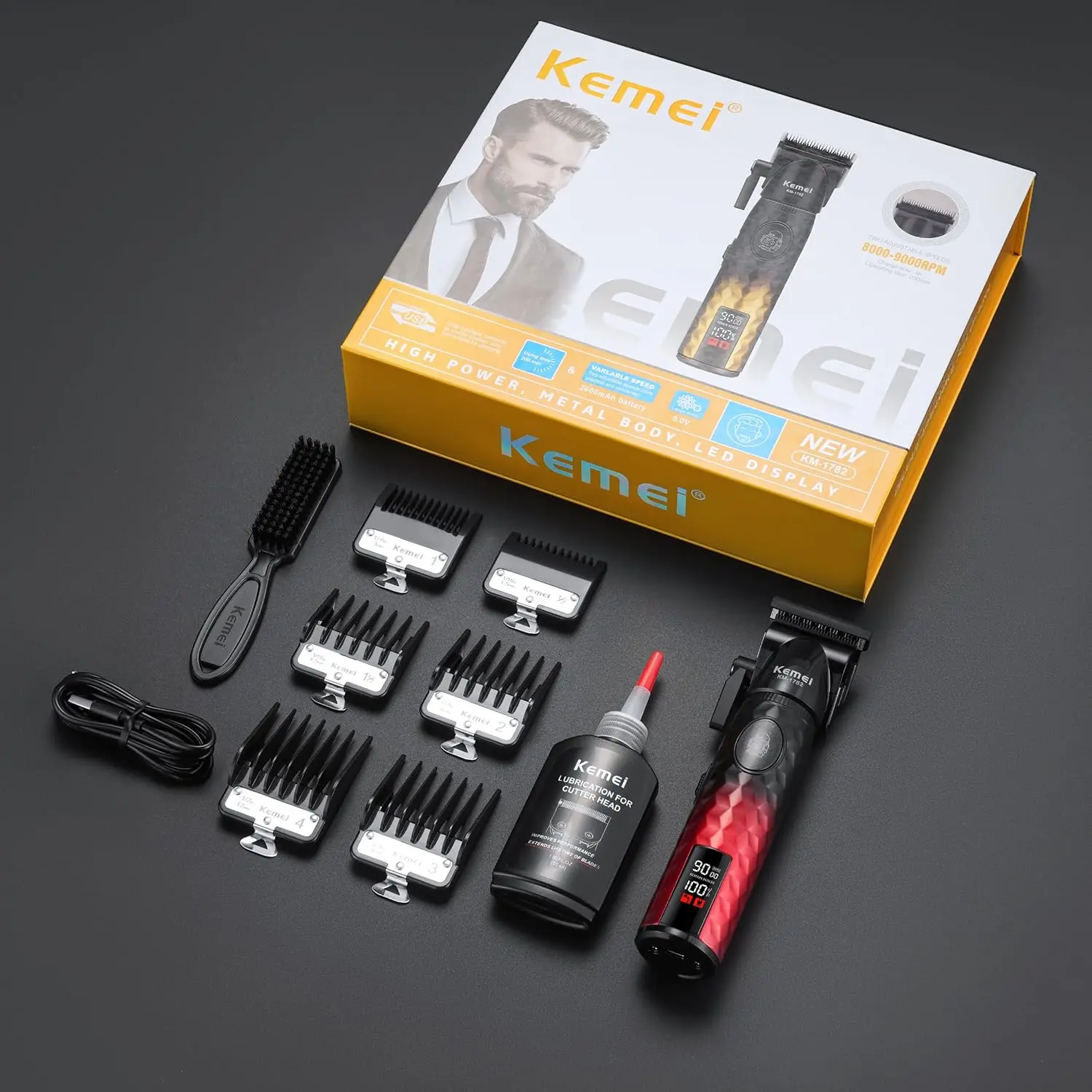 KEMEI KM-1782 Tondeuse Cheveux et Barbe 9000RPM Batterie 2600 mAh tondeuse avec levier Tondeuse professionnelle