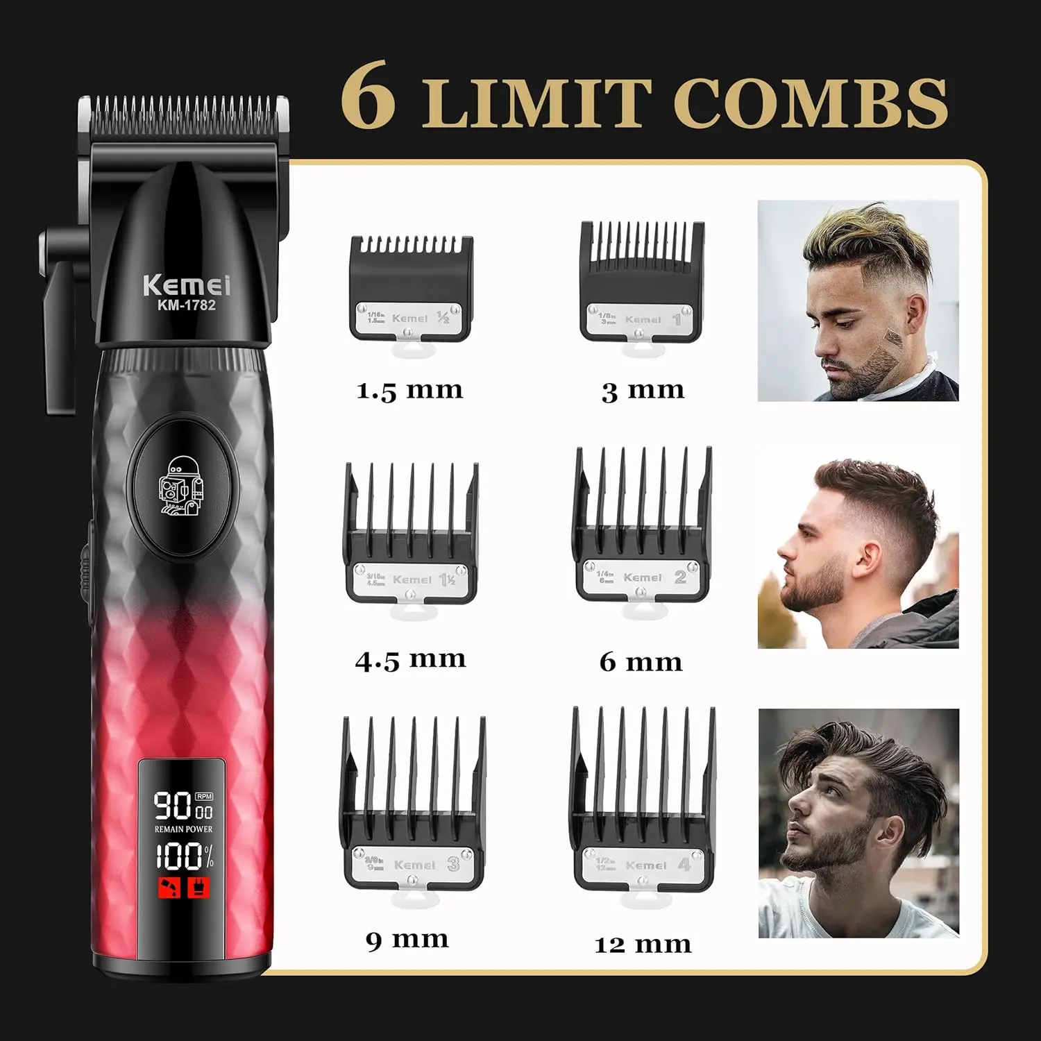 KEMEI KM-1782 Tondeuse Cheveux et Barbe 9000RPM Batterie 2600 mAh tondeuse avec levier Tondeuse professionnelle