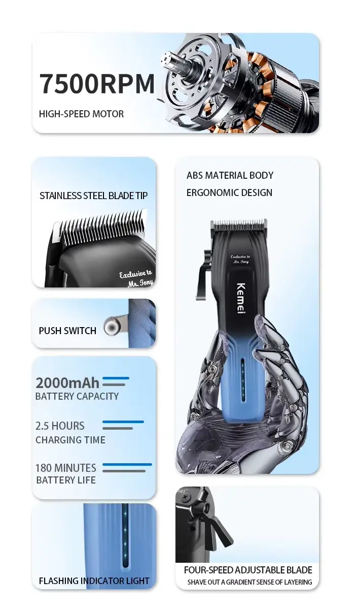 Kemei KM-1797 – Tondeuse professionnelle sans fil cheveux et barbe 5W batterie 2000 mAh écran LCD tondeuse avec levier