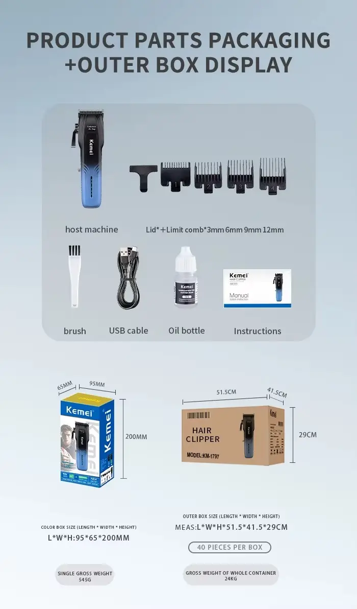 Kemei KM-1797 – Tondeuse professionnelle sans fil cheveux et barbe 5W batterie 2000 mAh écran LCD tondeuse avec levier
