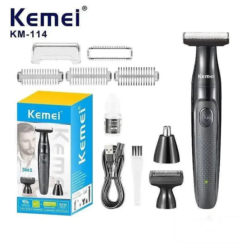 Kemei KM‑114 – Tondeuse Électrique Rechargeable 3‑en‑1 USB, Étanche IPX5, Lames Acier