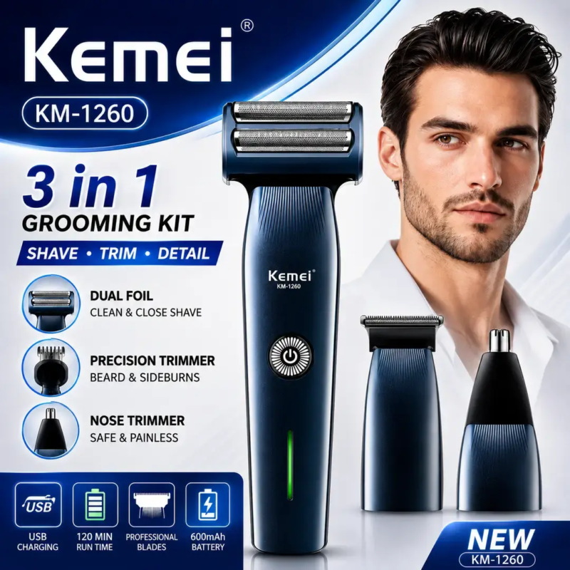 Kemei KM‑1260 – Tondeuse Électrique 3en 1 Sans Fil Rechargeable | , USB, Tondeuse multifonction