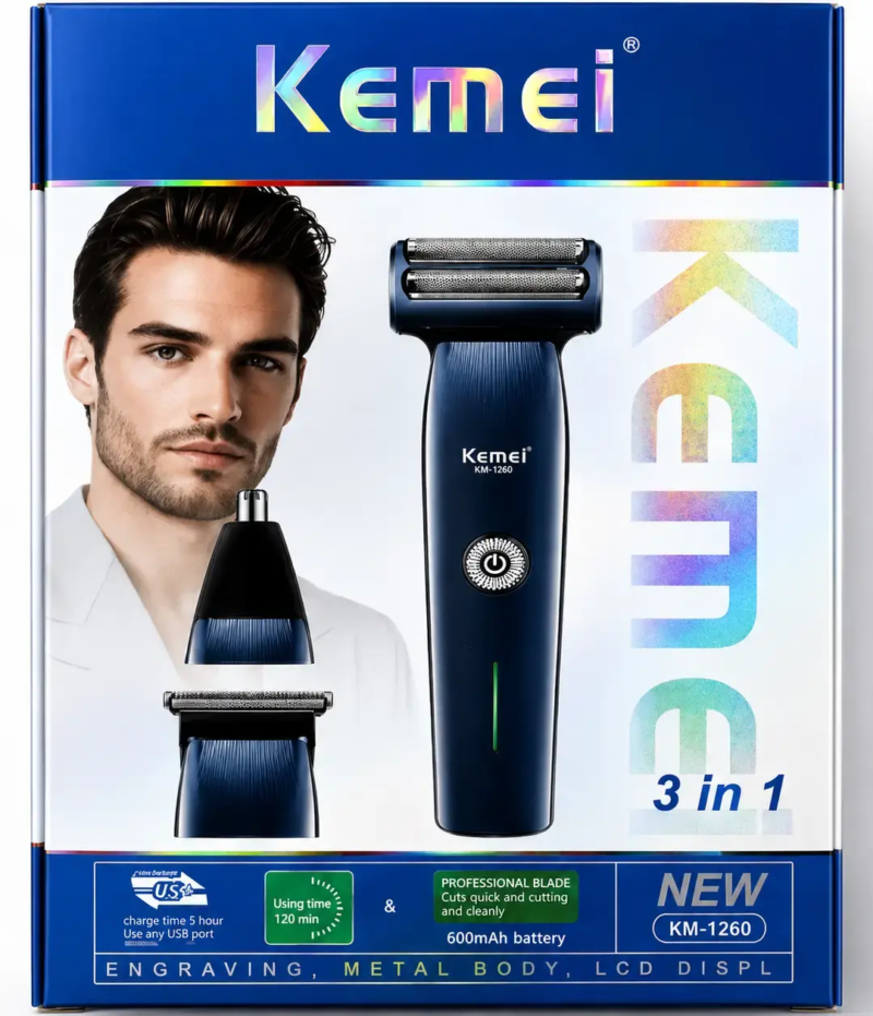 Kemei KM‑1260 – Tondeuse Électrique 3en 1 Sans Fil Rechargeable | , USB, Tondeuse multifonction