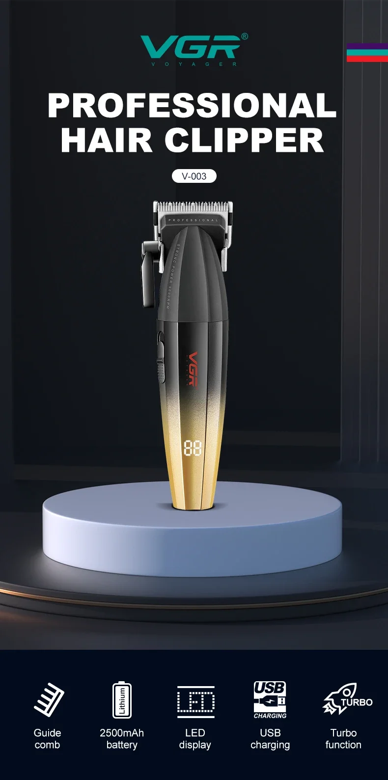 VGR V-003 – Tondeuse Professionnelle 9000 RPM Affichage Numérique Batterie 2500 mAh -