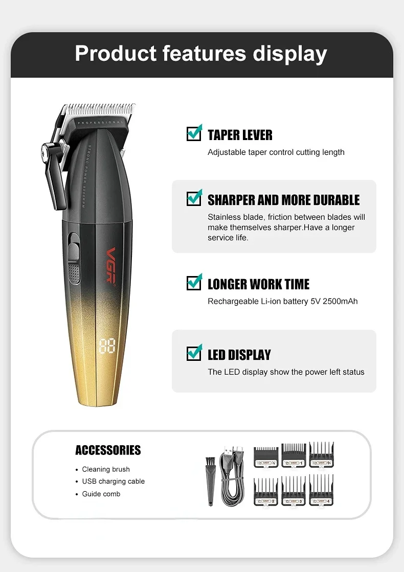 VGR V-003 – Tondeuse Professionnelle 9000 RPM Affichage Numérique Batterie 2500 mAh -