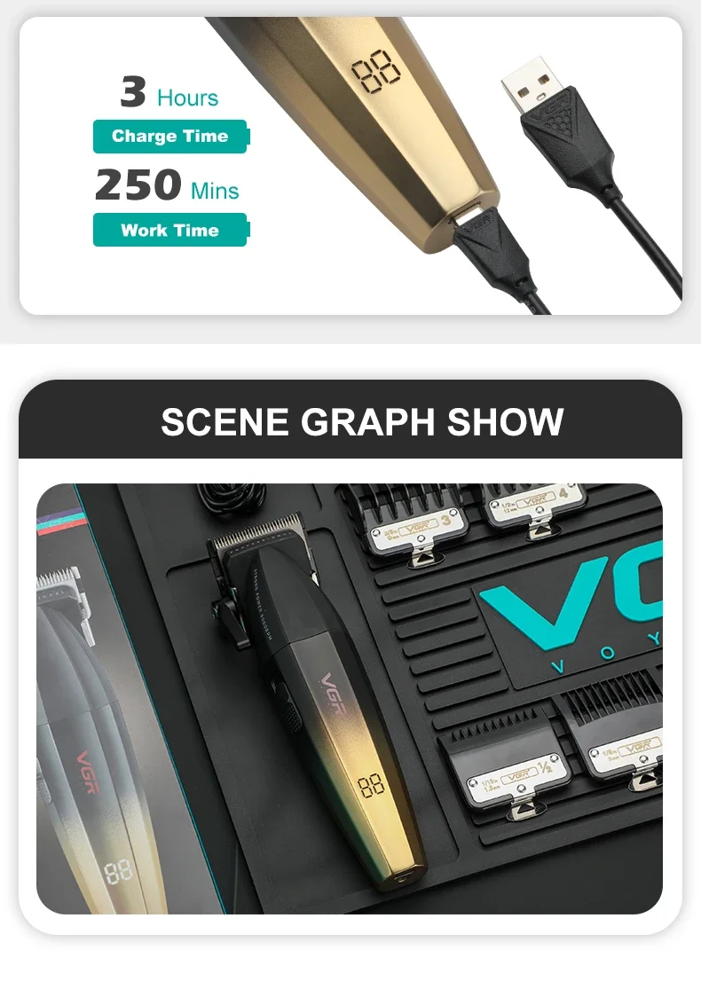 VGR V-003 – Tondeuse Professionnelle 9000 RPM Affichage Numérique Batterie 2500 mAh -