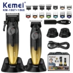 Kemei KM-1867+KM-1868 Tondeuse à cheveux professionnelle pour hommes, à lames zéro espacement, entièrement métallique, avec écran LCD,