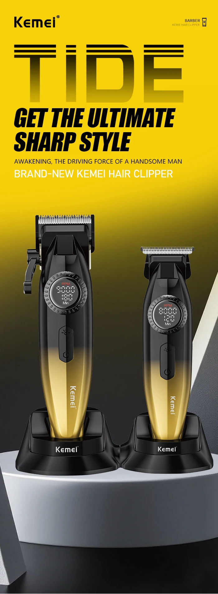 Kemei KM-1867+KM-1868 Tondeuse à cheveux professionnelle pour hommes, à lames zéro espacement, entièrement métallique, avec écran LCD, -