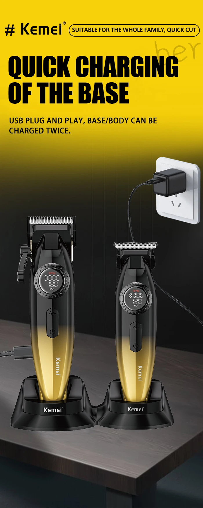 Kemei KM-1867+KM-1868 Tondeuse à cheveux professionnelle pour hommes, à lames zéro espacement, entièrement métallique, avec écran LCD, -