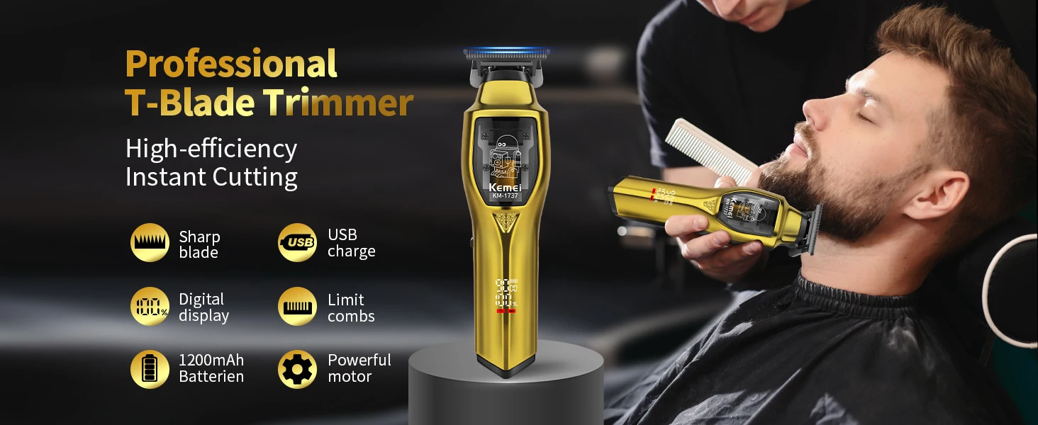 Kemei KM-1737 Tondeuse à cheveux et barbe sans fil pour hommes, gold doré -