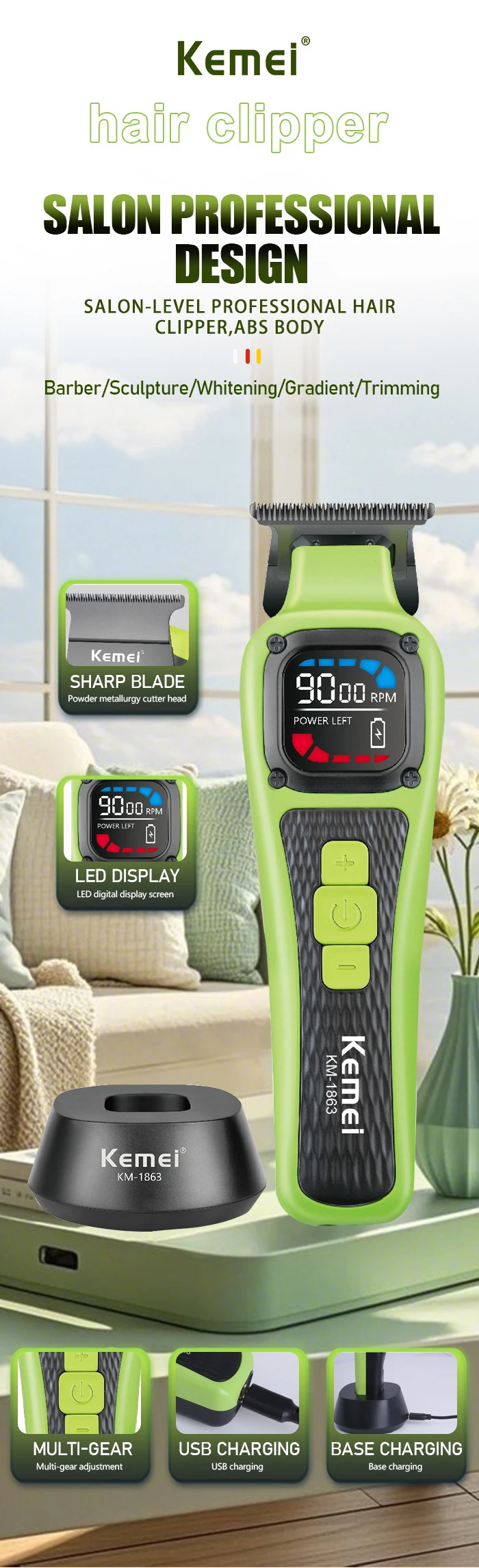 KEMEI KM-1863 – Tondeuse Professionnelle 9000 RPM Affichage LCD Batterie 2500 mAh -