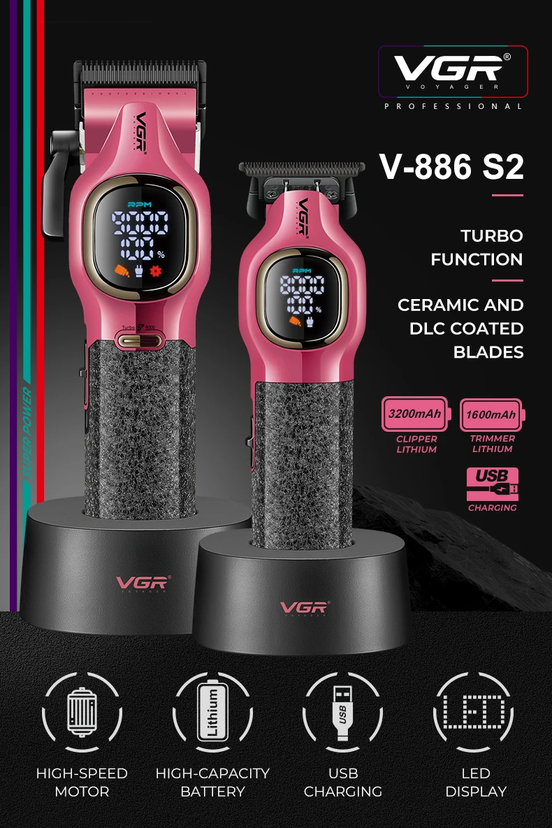 VGR V-886 S2 pack tondeuse à cheveux haut de gamme deux pièces ensemble 9000 tr/min 8W -