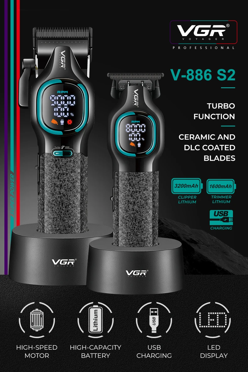 VGR V-886 S2 pack tondeuse à cheveux haut de gamme deux pièces ensemble 9000 tr/min 8W -