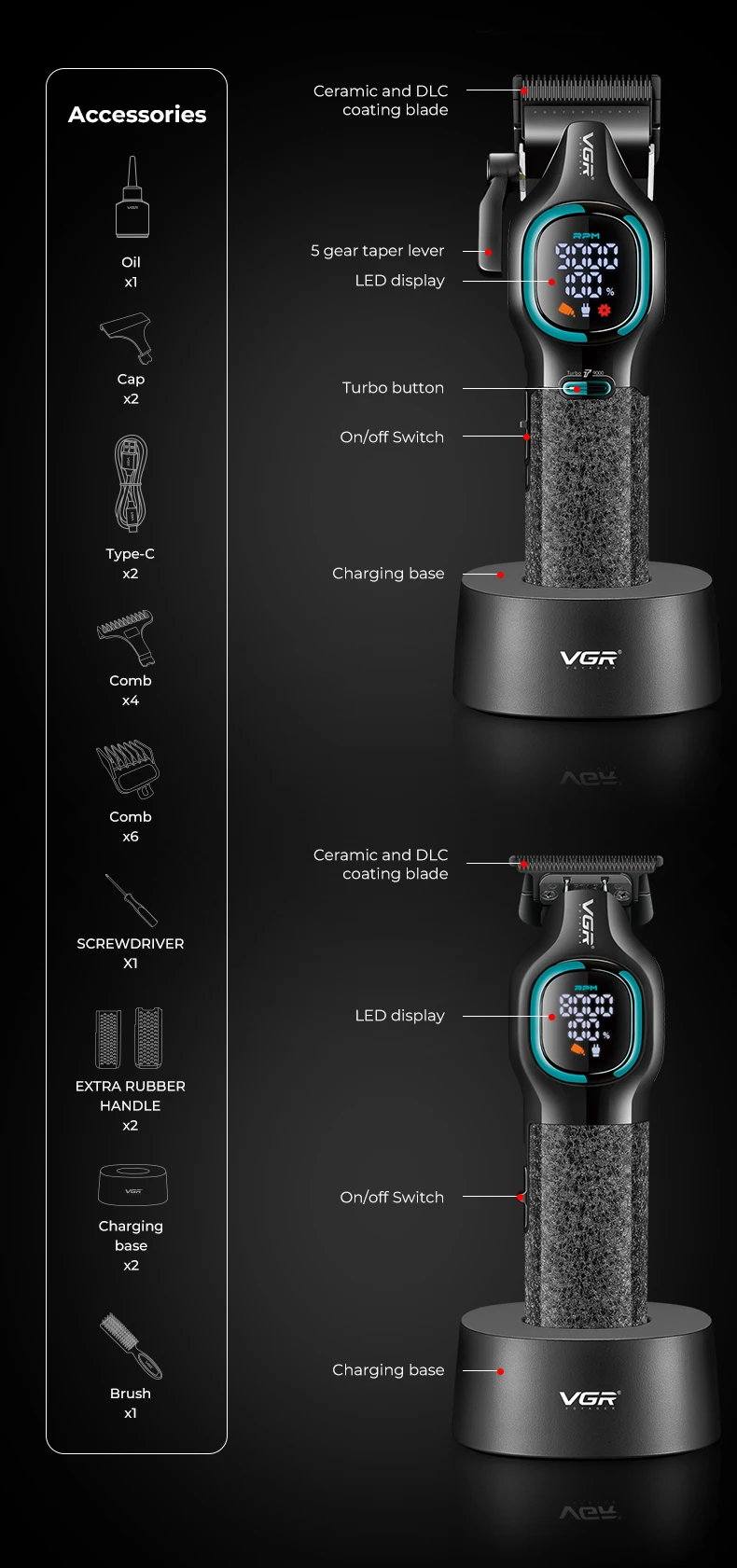 VGR V-886 S2 pack tondeuse à cheveux haut de gamme deux pièces ensemble 9000 tr/min 8W -