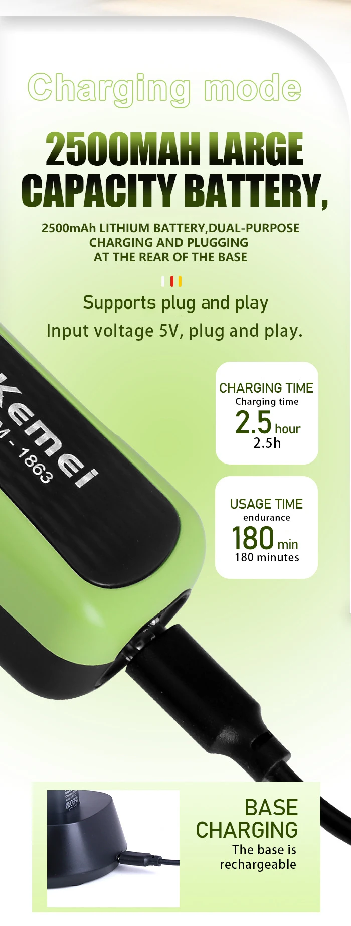 KEMEI KM-1863 – Tondeuse Professionnelle 9000 RPM Affichage LCD Batterie 2500 mAh -