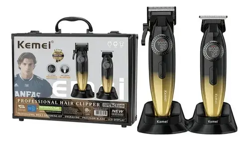 Kemei KM-1867+KM-1868 Tondeuse à cheveux professionnelle pour hommes, à lames zéro espacement, entièrement métallique, avec écran LCD, tondeuse avec levier Tondeuse professionnelle
