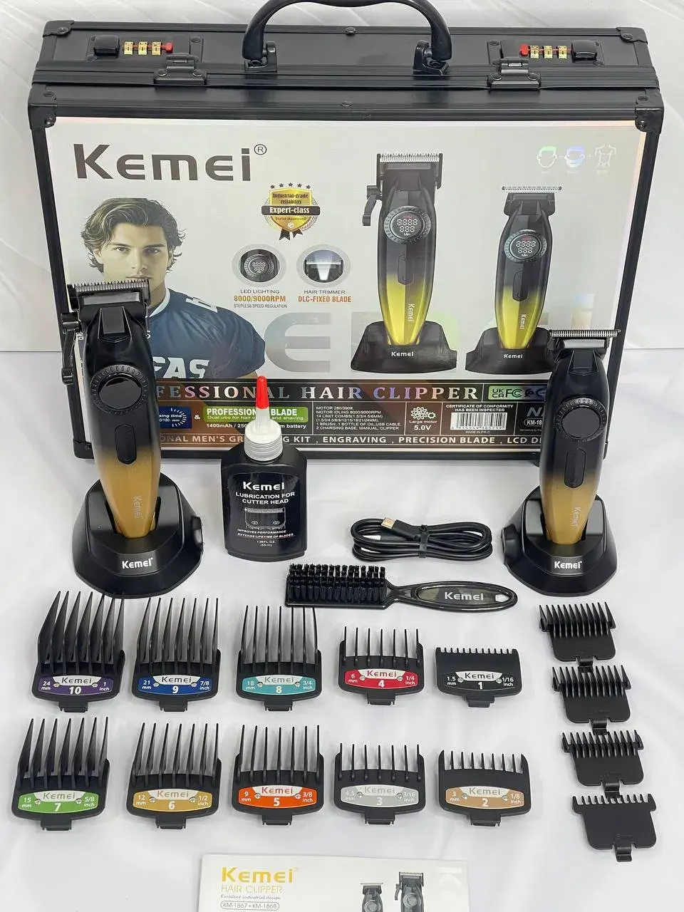 Kemei KM-1867+KM-1868 Tondeuse à cheveux professionnelle pour hommes, à lames zéro espacement, entièrement métallique, avec écran LCD, tondeuse 10W tondeuse avec levier