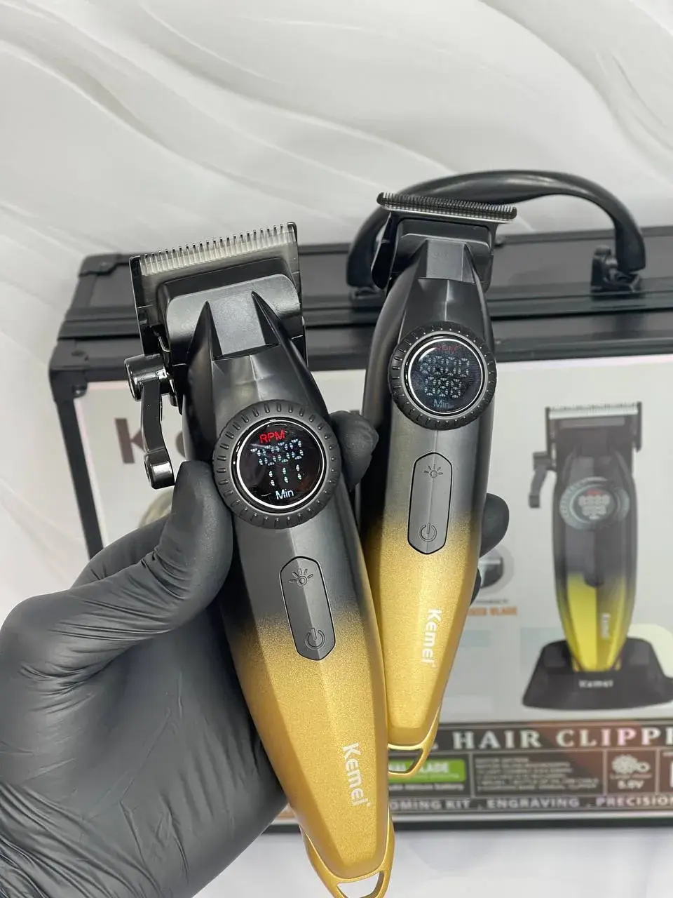 Kemei KM-1867+KM-1868 Tondeuse à cheveux professionnelle pour hommes, à lames zéro espacement, entièrement métallique, avec écran LCD, tondeuse 10W tondeuse avec levier
