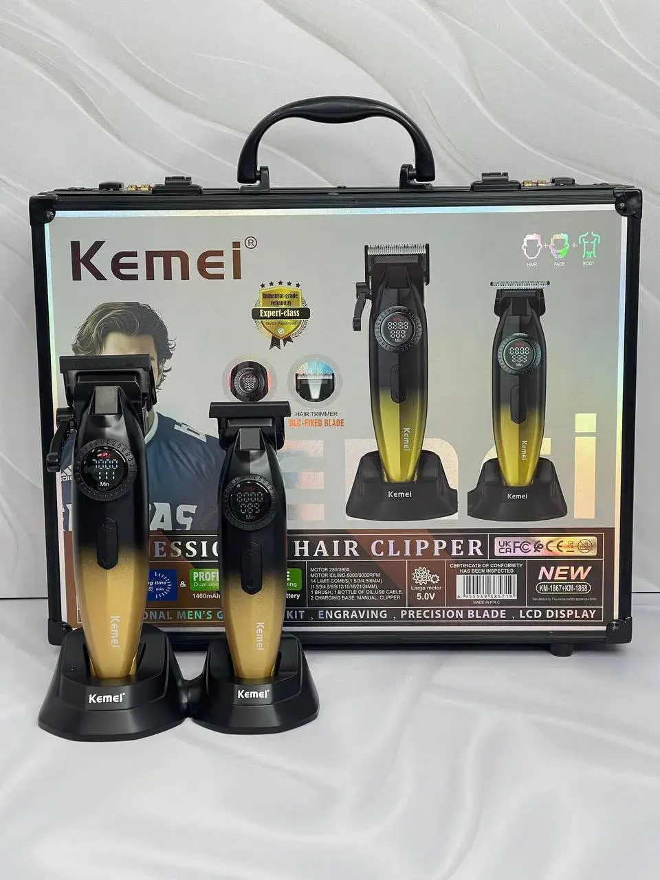 Kemei KM-1867+KM-1868 Tondeuse à cheveux professionnelle pour hommes, à lames zéro espacement, entièrement métallique, avec écran LCD, tondeuse 10W tondeuse avec levier