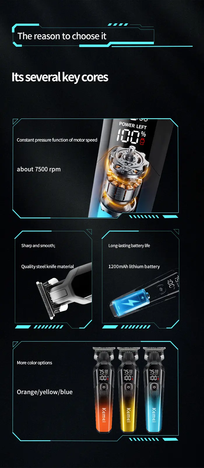 Kemei KM-1358 – Tondeuse Professionnelle 7500 RPM avec Écran LED et Batterie 1200mAh tondeuse kemei