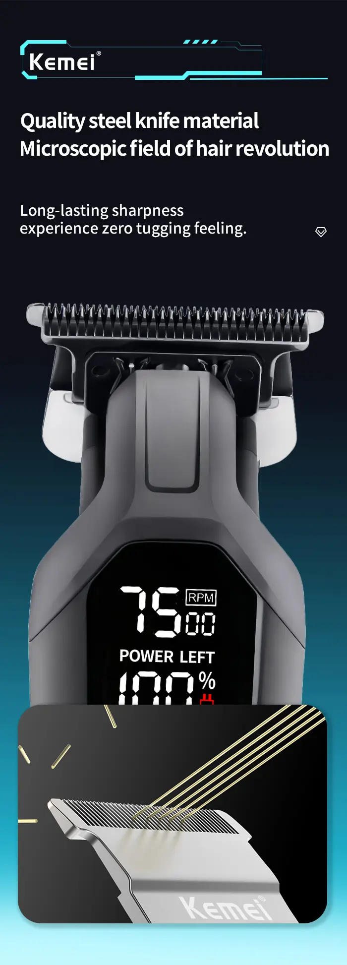 Kemei KM-1358 – Tondeuse Professionnelle 7500 RPM avec Écran LED et Batterie 1200mAh tondeuse kemei