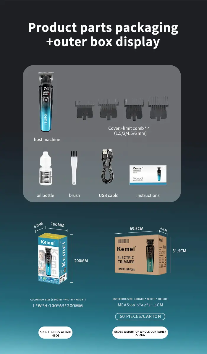 Kemei KM-1358 – Tondeuse Professionnelle 7500 RPM avec Écran LED et Batterie 1200mAh tondeuse kemei