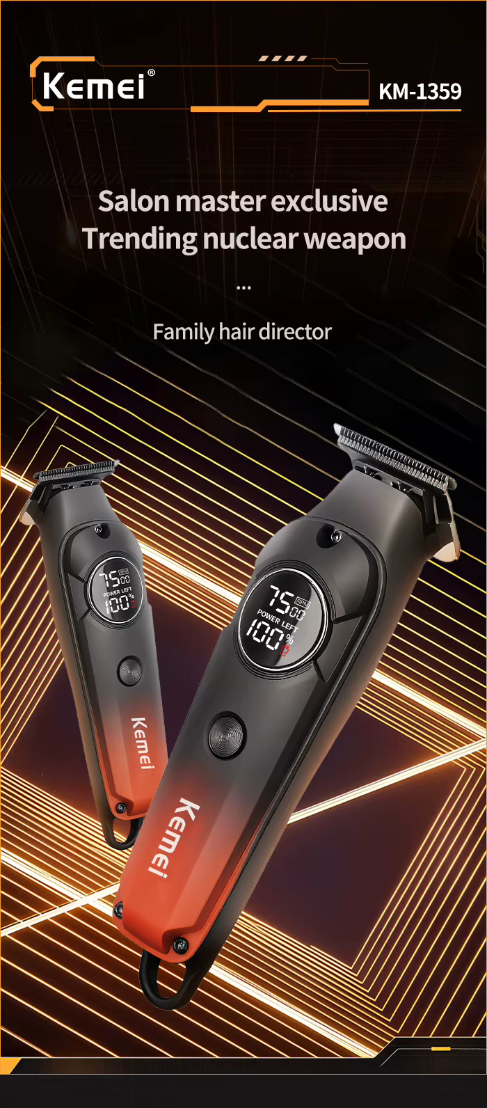 Kemei KM-1359 – Tondeuse Professionnelle Sans Fil 7500 RPM avec Écran LED et Batterie 1200mAh