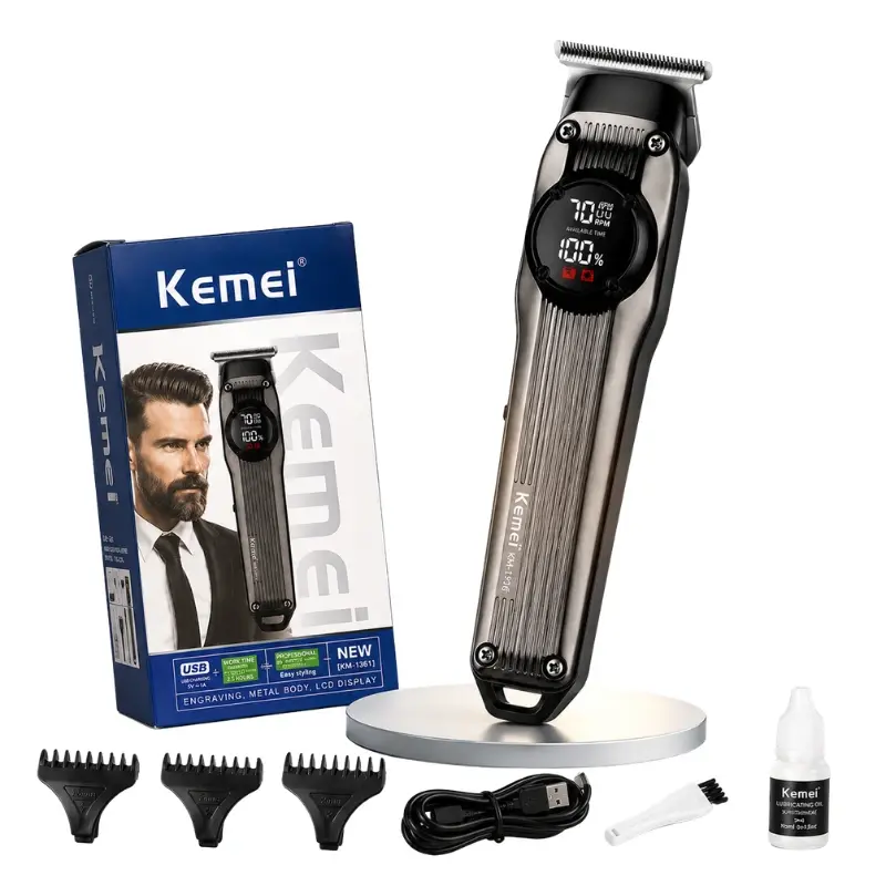 Kemei KM-1361 – Tondeuse Professionnelle Sans Fil avec Écran LED et Batterie Longue Durée – gris rondeuse kemei