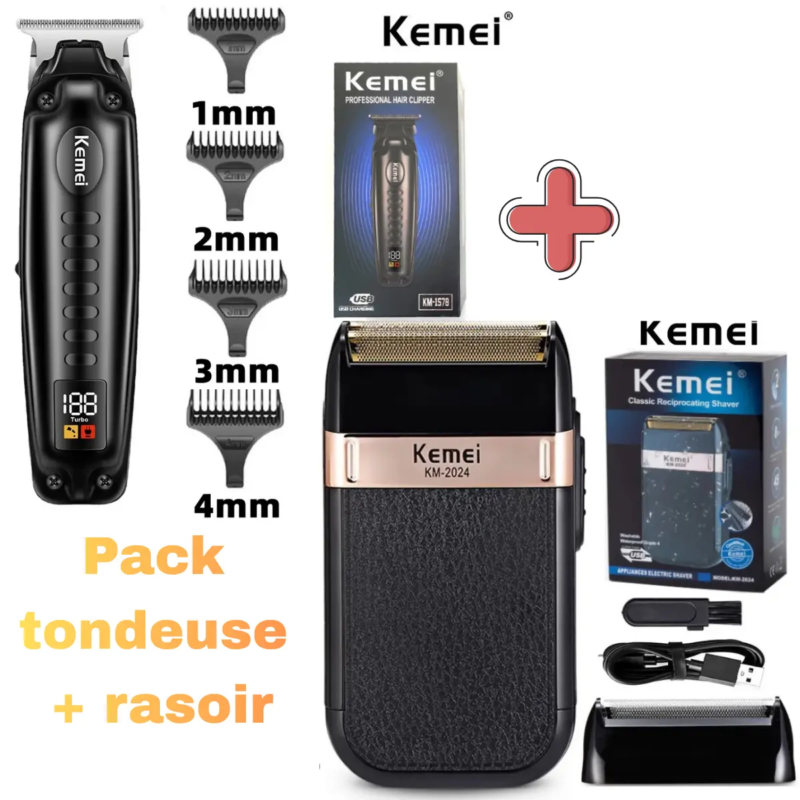 Kemei KM-1578 + Kemei KM-2024 Pack Grooming Professionnel – Tondeuse de Précision & Rasoir Double Lame Rechargeable pack tondeuse rasoir Tondeuse multifonction
