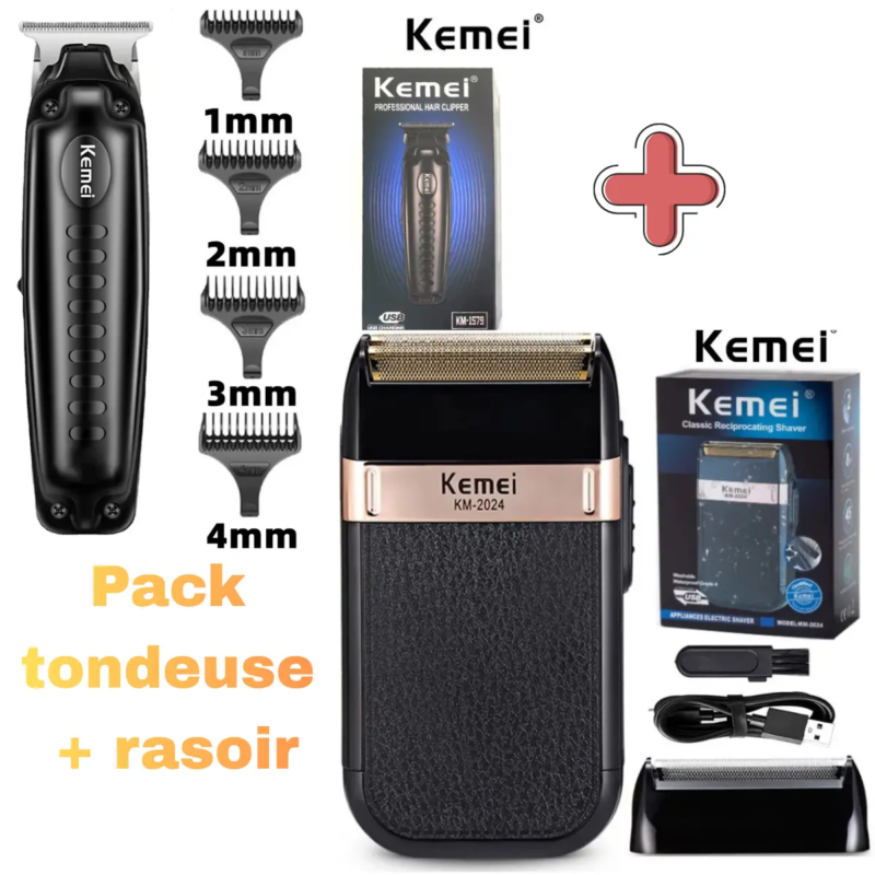 Kemei KM-1579 + Kemei KM-2024 – Pack Grooming Professionnel – Tondeuse de Finition & Rasoir Double Grille Rechargeable pack tondeuse rasoir Tondeuse multifonction