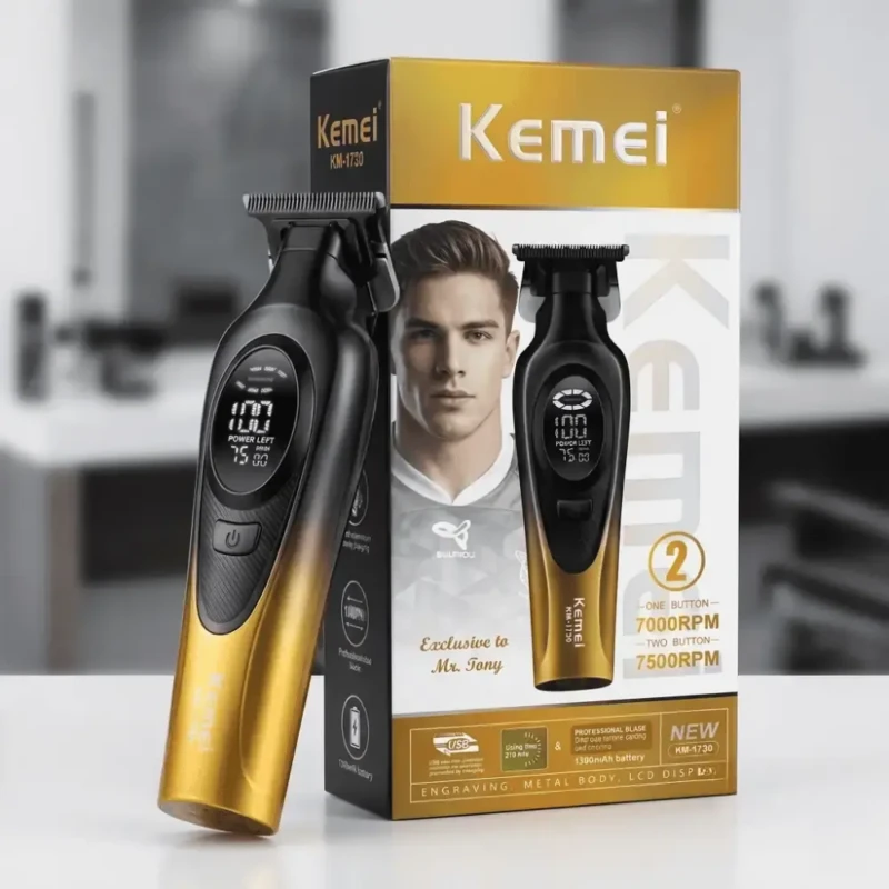 Kemei KM-1730 – Tondeuse Professionnelle Métallique 7500 RPM avec Écran LCD et Batterie 1500mAh noir doré – Dore 