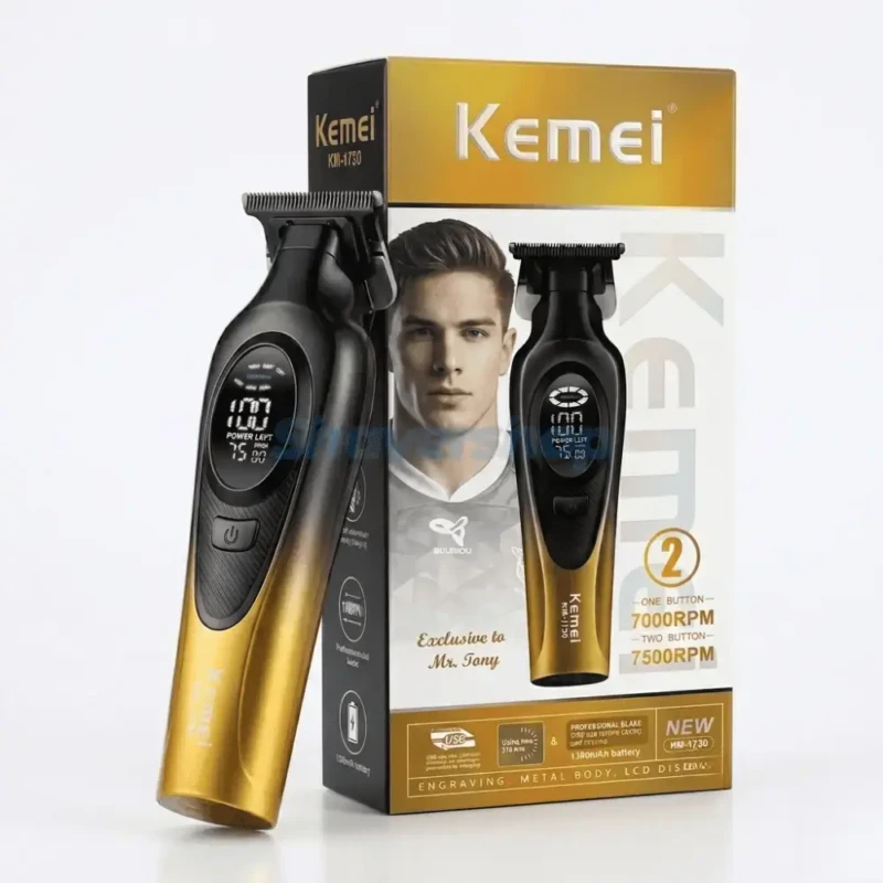 Kemei KM-1730 – Tondeuse Professionnelle Métallique 7500 RPM avec Écran LCD et Batterie 1500mAh noir doré – Dore 