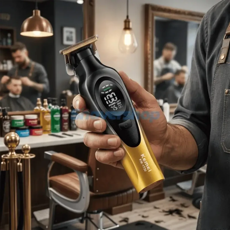Kemei KM-1730 – Tondeuse Professionnelle Métallique 7500 RPM avec Écran LCD et Batterie 1500mAh noir doré – Dore 
